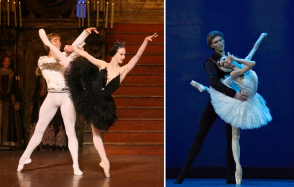 Left: Alicia Amatriain and Friedemann Vogel, "Black Swan" © Stuttgart Ballet. Right: Lucia Lacarra and Marlon Dino, "Swan Lake" © M. Logvinov.